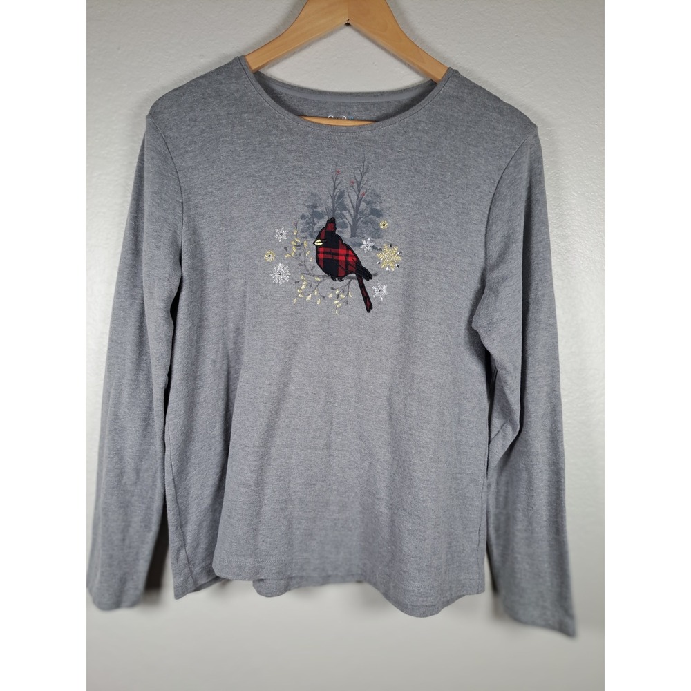 Croft & Barrow Gray Long Sleeve Cardinal Buffalo Plaid Graphic Tee Womens Large
